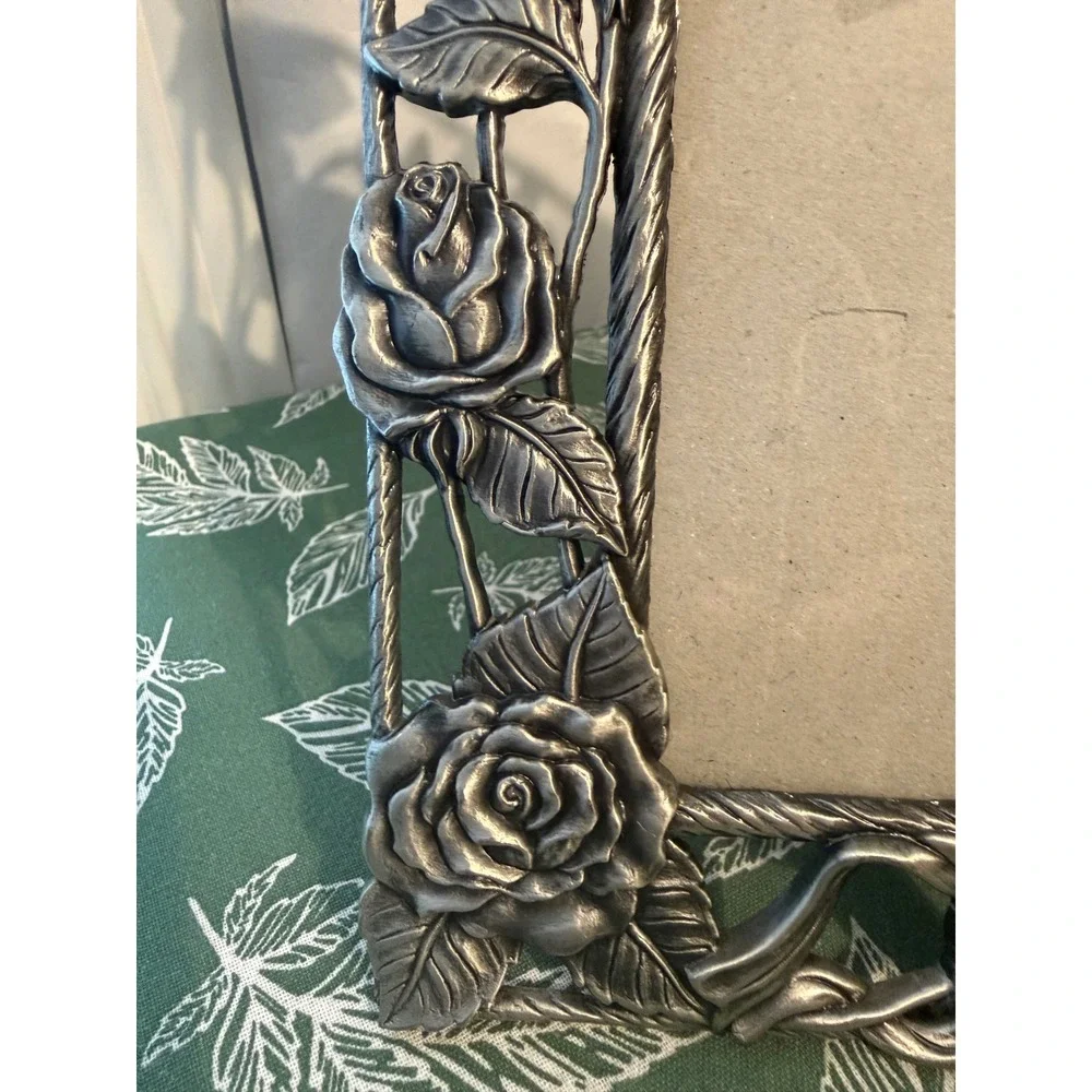 Vintage Style Pewter Tone Rose Floral 5x7 Picture Frame Ornate 3D Metal Silver